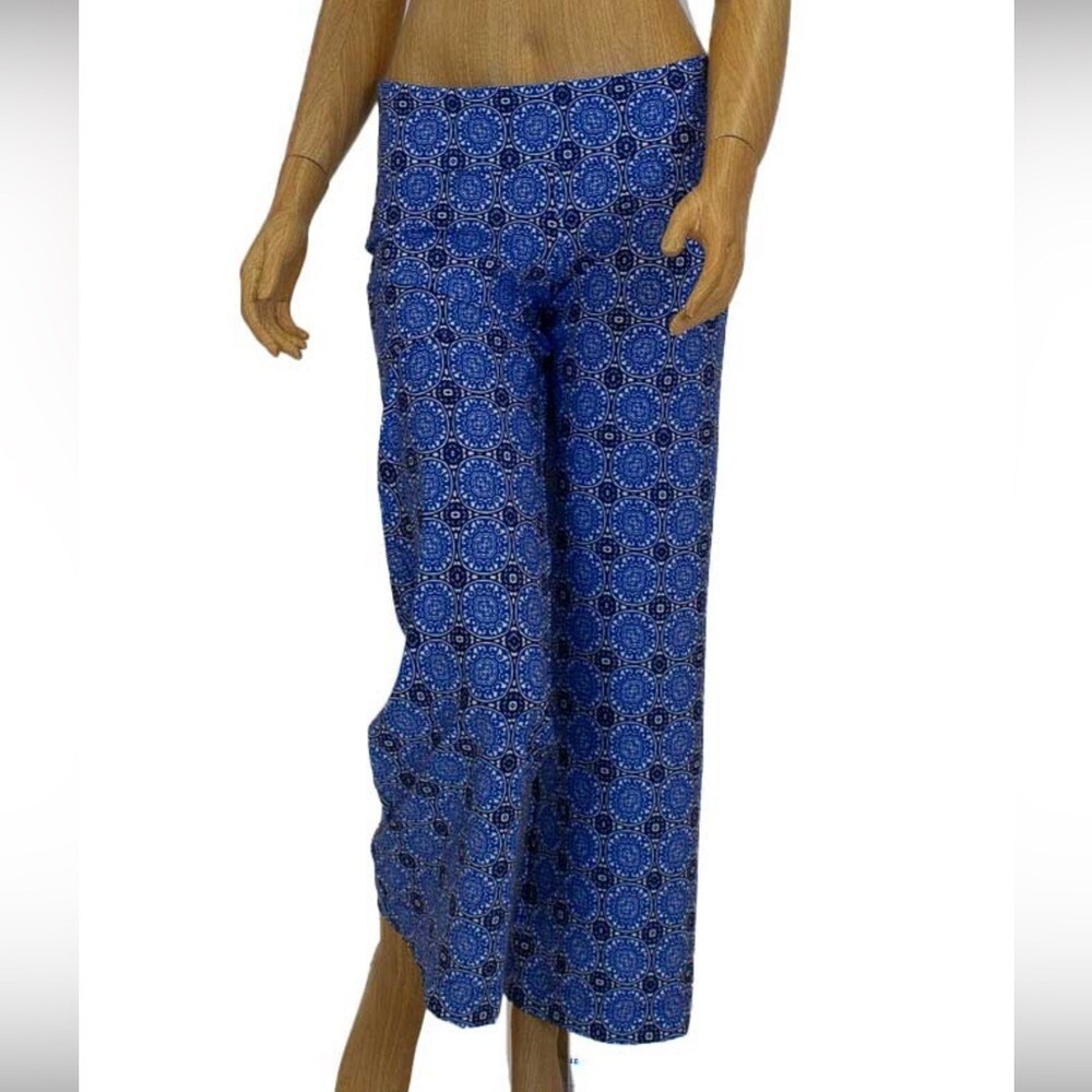 Helen Jon Antibes Fold-Over Beach Pant Blue‎ White Medallion UPF 50 Small NWT